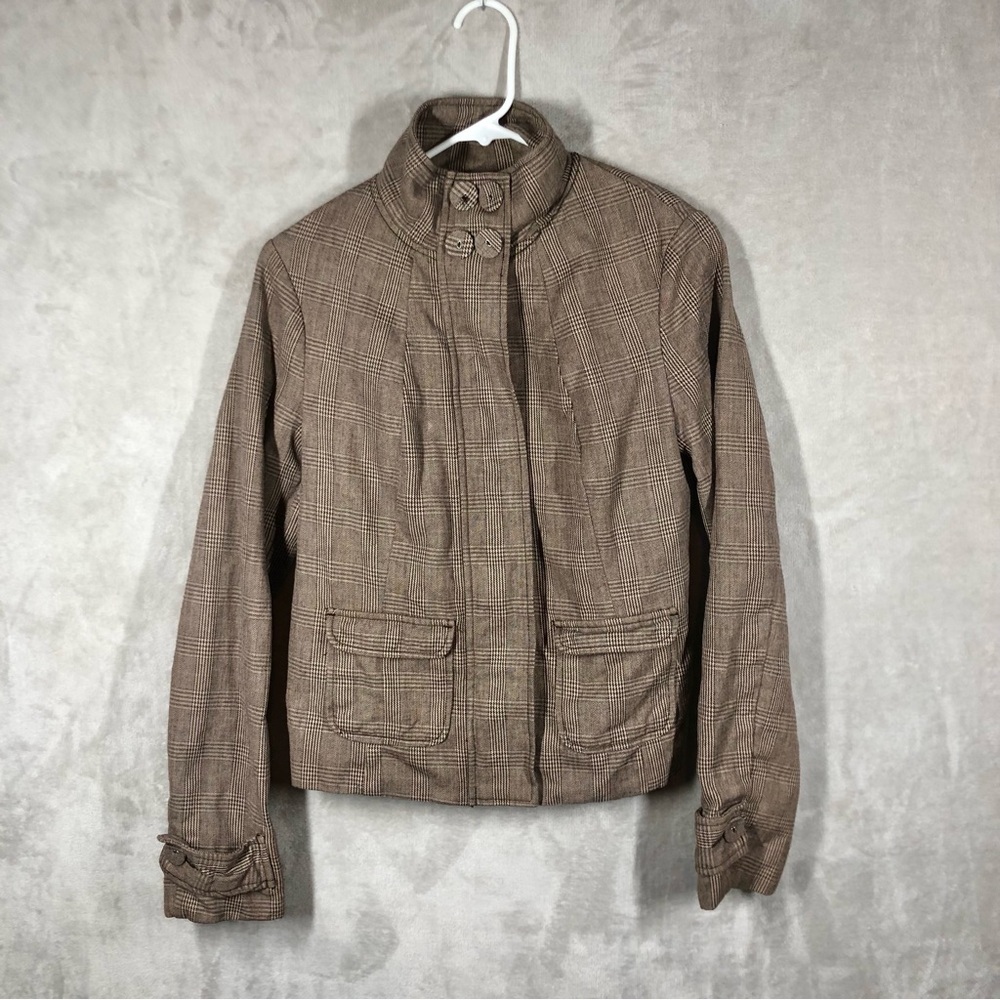 Glen Check Plaid Zip Up Jacket Women's M Brown Cotton Poetcore Academia Layering